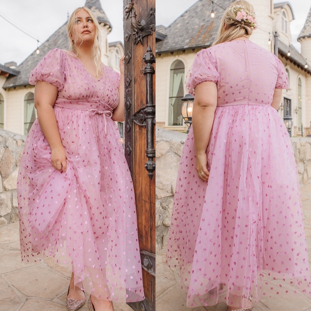 Ivy City Co Pink Maxi Dress with Heart Dot Mesh